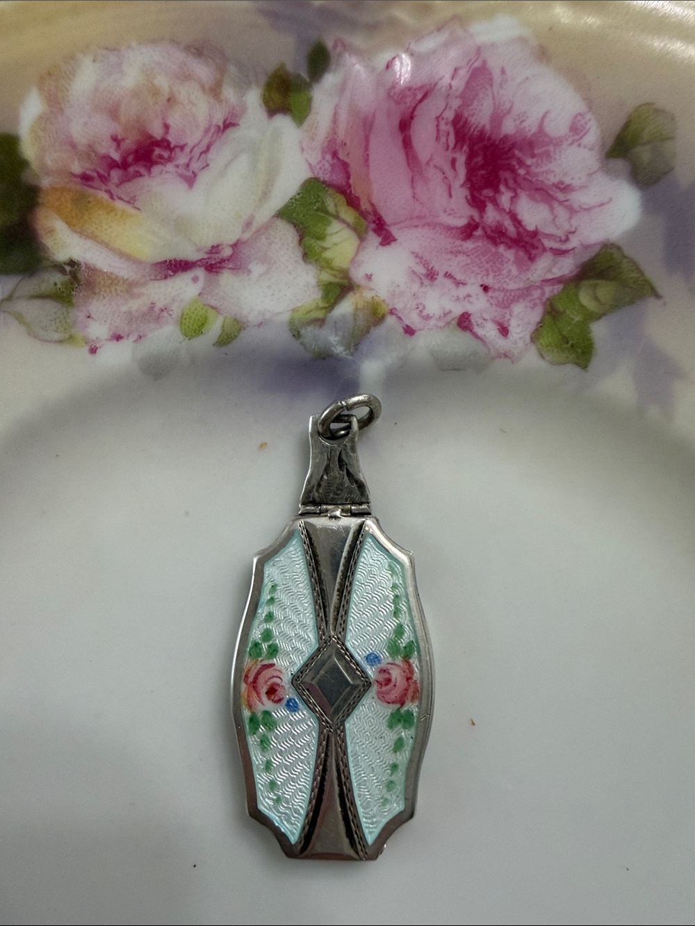 Antique Sterling Silver Silver White Guilloche Enamel Floral Locket